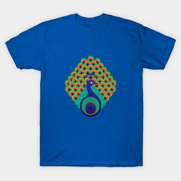 Peacock - stylized bird on deep blue background T-Shirt by VrijFormaat